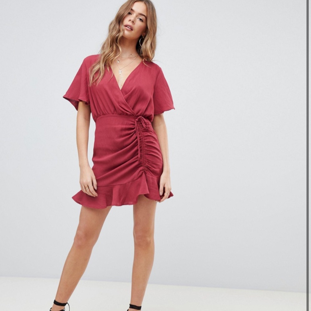 Ruched tie string ruffle hem wrap mini dress